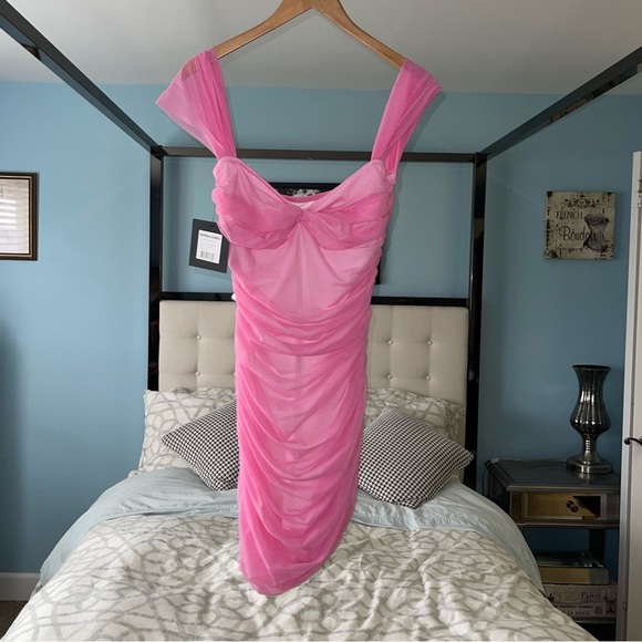 NORMA KAMALI Walter Mini Dress Candy HOT Pink Mesh Gauze Overlay {$225} Medium - Picture 2 of 11